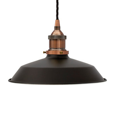 Matt Black Small Trinity Metal Painted Dome Pendant Light With Antique Copper Lamp Holder And Black Twisted CableSe Home from B&Q