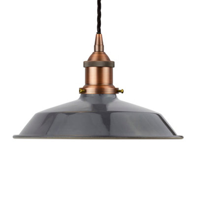 Slate Grey Small Trinity Metal Painted Dome Pendant Light With Matt Antique Copper Lamp Holder And Black Twisted CableSe Home from B&Q