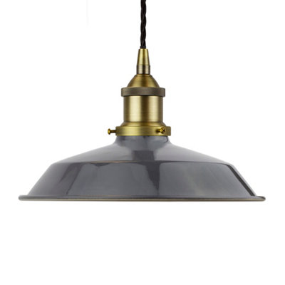 Slate Grey Small Trinity Metal Painted Dome Pendant Light With Matt Antique Brass Lamp Holder And Black Twisted CableSe Home from B&Q