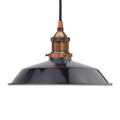 Navy Blue Small Trinity Metal Painted Dome Pendant Light With Antique Copper Lamp Holder And Black Round CableSe Home from B&Q