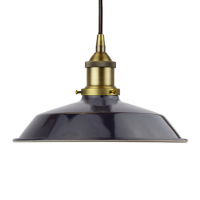 Navy Blue Small Trinity Metal Painted Dome Pendant Light With Matt Antique Brass Lamp Holder And Black Round CableSe Home from B&Q
