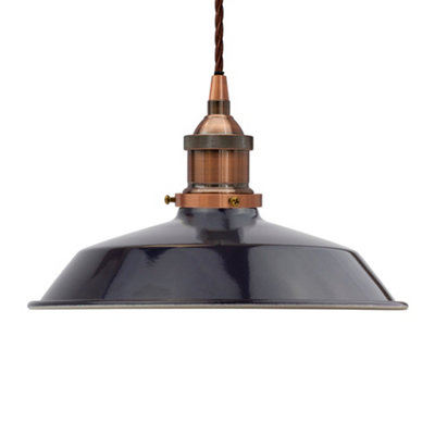 Navy Blue Small Trinity Metal Painted Dome Pendant Light With Antique Copper Lamp Holder And Brown Twisted CableSe Home from B&Q