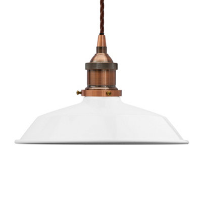 White Small Trinity Metal Painted Dome Pendant Light With Antique Copper Lamp Holder And Brown Twisted CableSe Home from B&Q