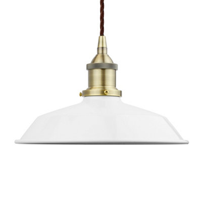 White Small Trinity Metal Painted Dome Pendant Light With Antique Brass Lamp Holder And Brown Twisted CableSe Home from B&Q