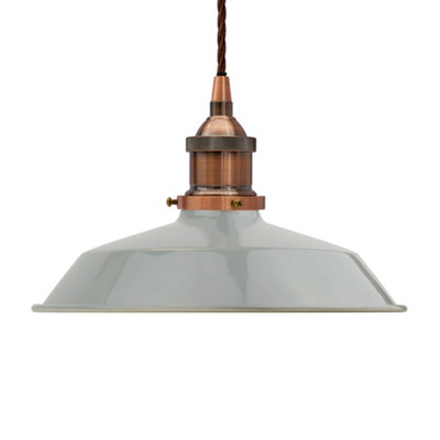 French Grey Small Trinity Metal Painted Dome Pendant Light With Antique Copper Lamp Holder And Brown Twisted CableSe Home from B&Q
