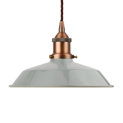 French Grey Small Trinity Metal Painted Dome Pendant Light With Matt Antique Copper Lamp Holder And Brown Twisted CableSe Home from B&Q