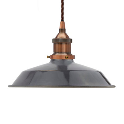 Slate Grey Small Trinity Metal Painted Dome Pendant Light With Antique Copper Lamp Holder And Brown Twisted CableSe Home from B&Q