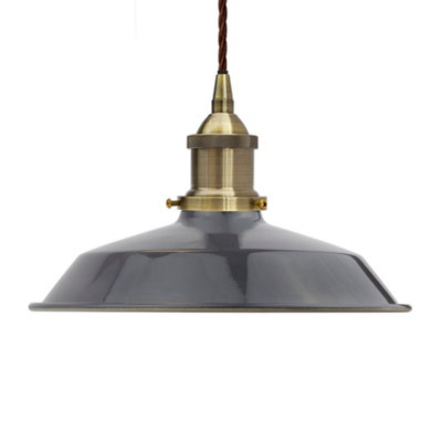 Slate Grey Small Trinity Metal Painted Dome Pendant Light With Antique Brass Lamp Holder And Brown Twisted CableSe Home from B&Q
