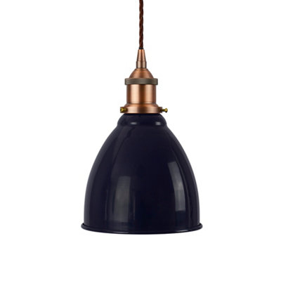 SE Home Navy Blue Classic Small Pantry Metal Painted Dome Pendant Light With Matt Antique Copper Lamp Holder And Brown Twisted Cable from B&Q