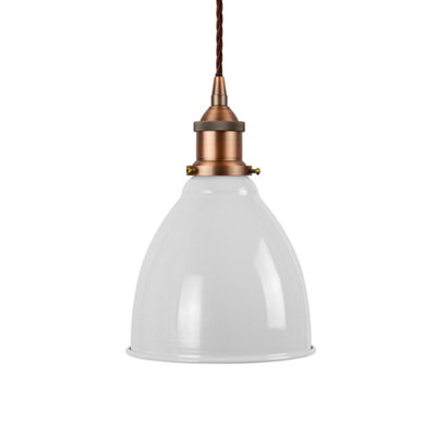 SE Home Pale Grey Classic Small Pantry Metal Painted Dome Pendant Light With Matt Antique Copper Lamp Holder And Brown Twisted Cable from B&Q