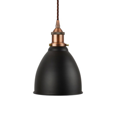 SE Home Matt Black Classic Small Pantry Metal Painted Dome Pendant Light With Matt Antique Copper Lamp Holder And Brown Twisted Cable from B&Q