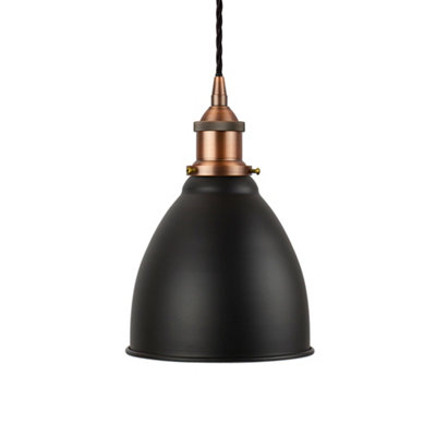 SE Home Matt Black Classic Small Pantry Metal Painted Dome Pendant Light With Matt Antique Copper Lamp Holder And Black Twisted Cable from B&Q