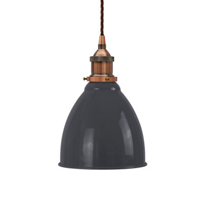Slate Grey Classic Small Pantry Metal Painted Dome Pendant Light With Antique Copper Lamp Holder And Brown Twisted CableSe Home from B&Q