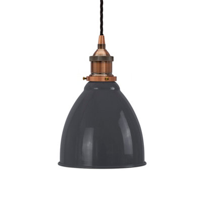 Slate Grey Classic Small Pantry Metal Painted Dome Pendant Light With Antique Copper Lamp Holder And Black Twisted CableSe Home from B&Q