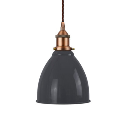 SE Home Slate Grey Classic Small Pantry Metal Painted Dome Pendant Light With Matt Antique Copper Lamp Holder And Brown Twisted Cable from B&Q