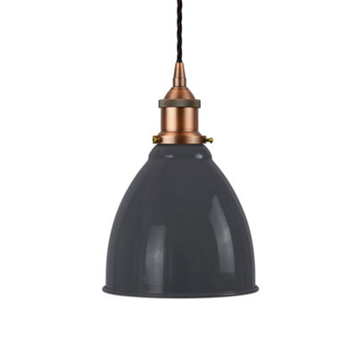SE Home Slate Grey Classic Small Pantry Metal Painted Dome Pendant Light With Matt Antique Copper Lamp Holder And Black Twisted Cable from B&Q
