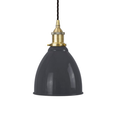 Slate Grey Classic Small Pantry Metal Painted Dome Pendant Light With Antique Brass Lamp Holder And Black Twisted CableSe Home from B&Q