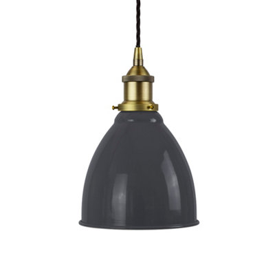 SE Home Slate Grey Classic Small Pantry Metal Painted Dome Pendant Light With Matt Antique Brass Lamp Holder And Black Twisted Cable from B&Q