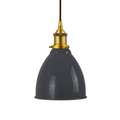 Slate Grey Classic Small Pantry Metal Painted Dome Pendant Light With Antique Gold Lamp Holder And Brown Twisted CableSe Home from B&Q