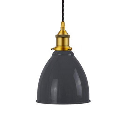 Slate Grey Classic Small Pantry Metal Painted Dome Pendant Light With Antique Gold Lamp Holder And Black Twisted CableSe Home from B&Q