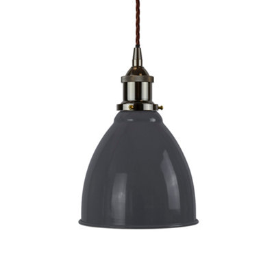 Slate Grey Classic Small Pantry Metal Painted Dome Pendant Light With Black Nickel Lamp Holder And Brown Twisted CableSe Home from B&Q