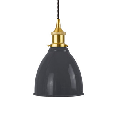 Slate Grey Classic Small Pantry Metal Painted Dome Pendant Light With Polished Brass Lamp Holder And Black Twisted CableSe Home from B&Q
