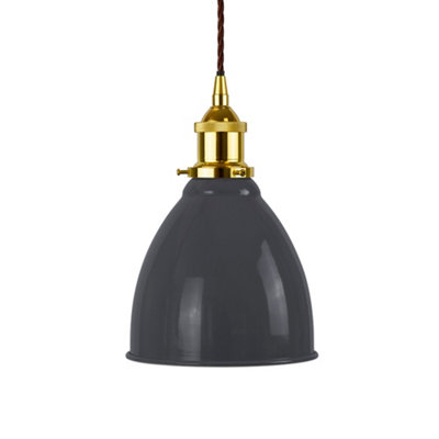 Slate Grey Classic Small Pantry Metal Painted Dome Pendant Light With Gold Lamp Holder And Brown Twisted CableSe Home from B&Q