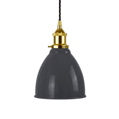 Slate Grey Classic Small Pantry Metal Painted Dome Pendant Light With Gold Lamp Holder And Black Twisted CableSe Home from B&Q