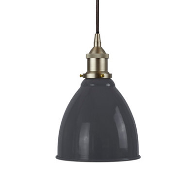 Slate Grey Classic Small Pantry Metal Painted Dome Pendant Light With Brushed Chrome Lamp Holder And Black Round CableSe Home from B&Q