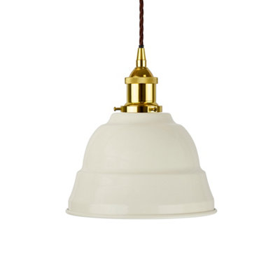 Clay White Lincoln Painted Dome Pendant Light With Gold Lamp Holder And Brown Twisted CableSe Home from B&Q