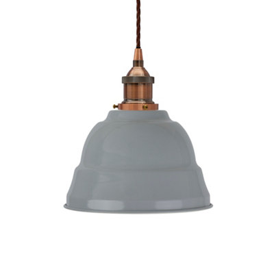 French Grey Lincoln Painted Dome Pendant Light With Antique Copper Lamp Holder And Brown Twisted CableSe Home from B&Q