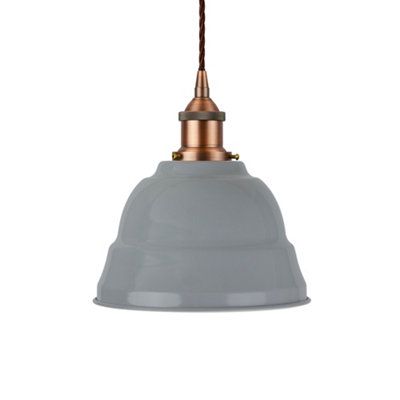 French Grey Lincoln Painted Dome Pendant Light With Matt Antique Copper Lamp Holder And Brown Twisted CableSe Home from B&Q