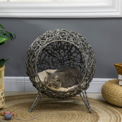 Pawhut Rattan Elevated Cat House Kitten Bed Pet Furniture W/ Cushion Grey from B&Q
