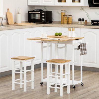 HOMCOM Bamboo Breakfast Cart With Drop Leaf Table and 2 Stools - White - Image 7