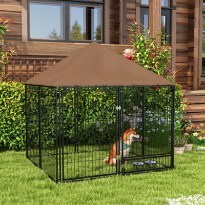 Pawhut Unisex Brown Outdoor Dog House Kennel With Canopy Top & Lock Rotating Bowl Holder In - Image 5