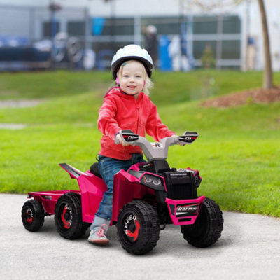 Homcom Electric Quad Bike, 6V Kids Ride-On Atv With Back Trailer - Pink