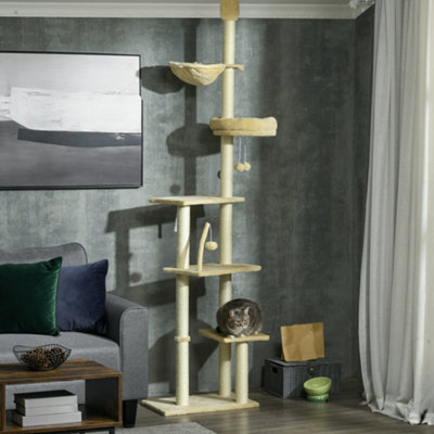 Pawhut Floor To Ceiling Climbing Cat Tree Tower, 230-250Cm Height, Beige