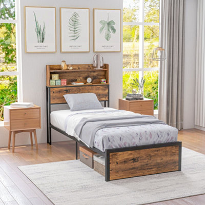 Homcom Single Bed Frame With Storage Headboard And Under Bed Storage 3.1Ft