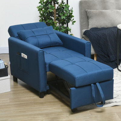 Homcom Pull Out Chair Bed, Sleeper Chair With Pillow, Side Pockets, Blue