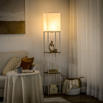 Homcom Modern Floor Lamp With Shelves And Fabric Lampshade For Living Room Light