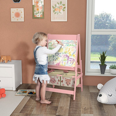Aiyaplay Kids Easel With Paper Roll, Blackboard, Whiteboard, Storage, Pink