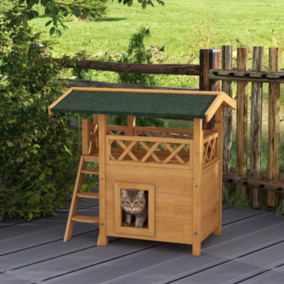 Pawhut Outdoor Cat House W/ Balcony Stairs RoofNatural Wood Finish from B&Q