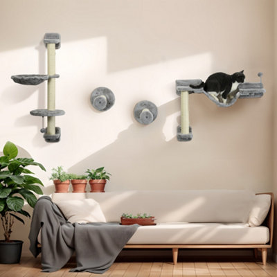 PAWHUT Wall Mounted Cat Shelves with Hammock Perches Ladder Scratching Post in Grey - Image 9