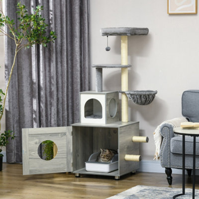 Pawhut Cat Litter Box Enclosure, With Cat House, Bed, Scratching Posts, Platform - Image 9