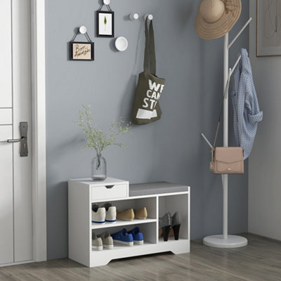 HOMCOM Shoe Bench White - Upholstered Entryway Storage Drawer Open Shelf - Image 10