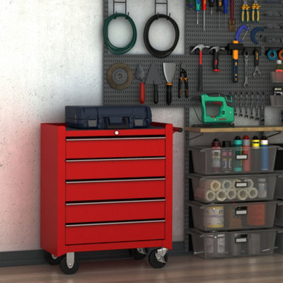 HOMCOM Tool Trolley with 5 Drawers Steel Tool Chest on Wheels with Handle Red - Image 11