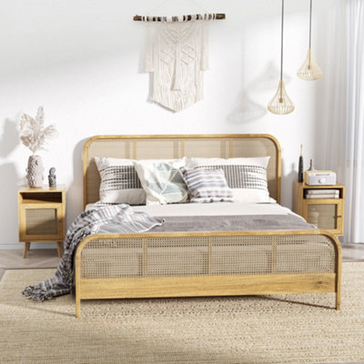 HOMCOM Bedside Table Set of 2 End Table with Open Shelf Rattan Door in Light Brown - Image 9