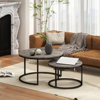 Homcom 2 Pcs Stacking Coffee Table Set Steel Frame, Marble Dark/Grey