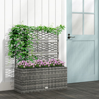 Outsunny Garden Pe Rattan Planter Box W/ Trellis Flower Raised Bed, 84X30x107cm