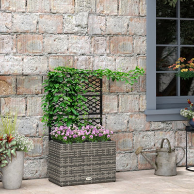 Outsunny Garden Pe Rattan Planter Box W/ Trellis Flower Raised Bed, 57X30x107cm
